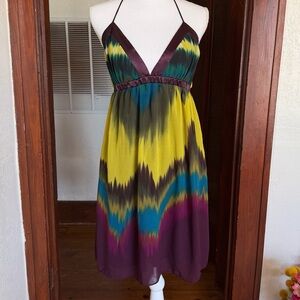 Y2K Babydolll Halter Dress Psychedelic Ikat Print Empire Waist Festival Sz 9/10